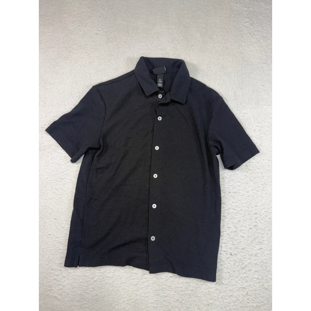 HM Mens Regular Fit Short Sleeve Textured Button Down Shirt Black Small